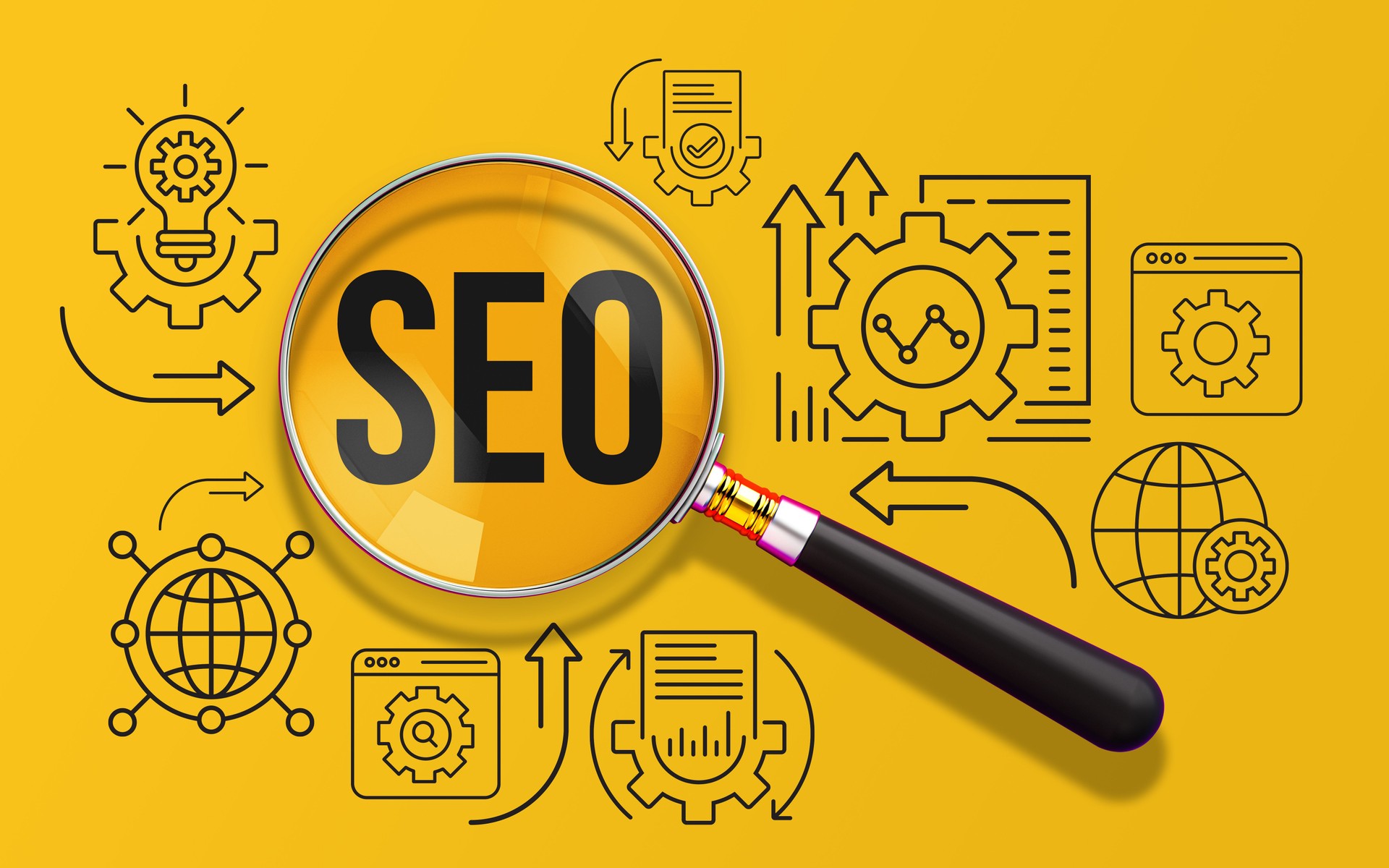 SEO Concept with Magnifying Glass and Icons on Yellow Background, 2D Illustration