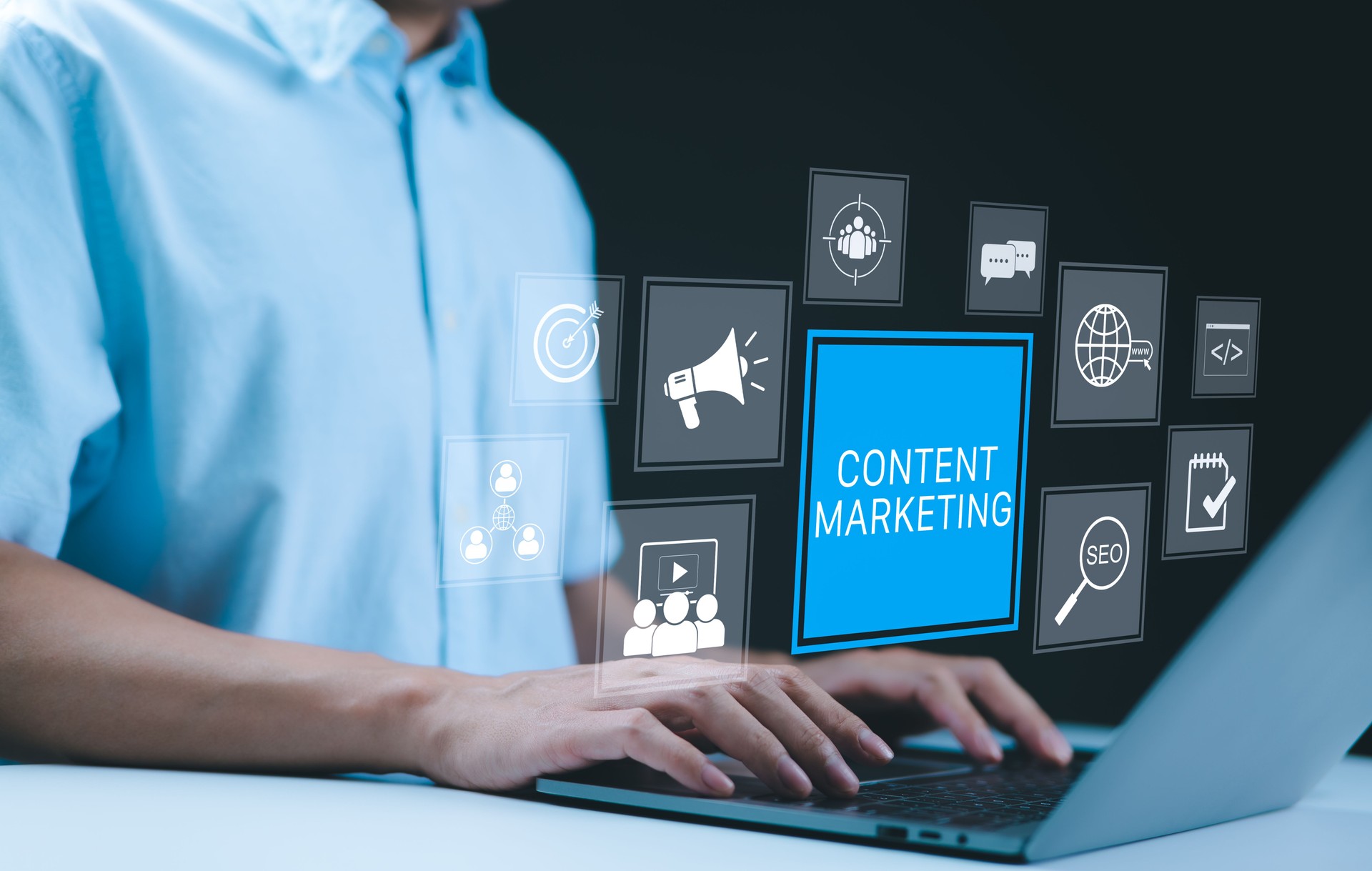 Content Marketing Strategy and Digital Promotion Concept. Content marketing tools. icons for SEO, social media, global communication, marketing strategies, customer attraction, engaging, Influencer